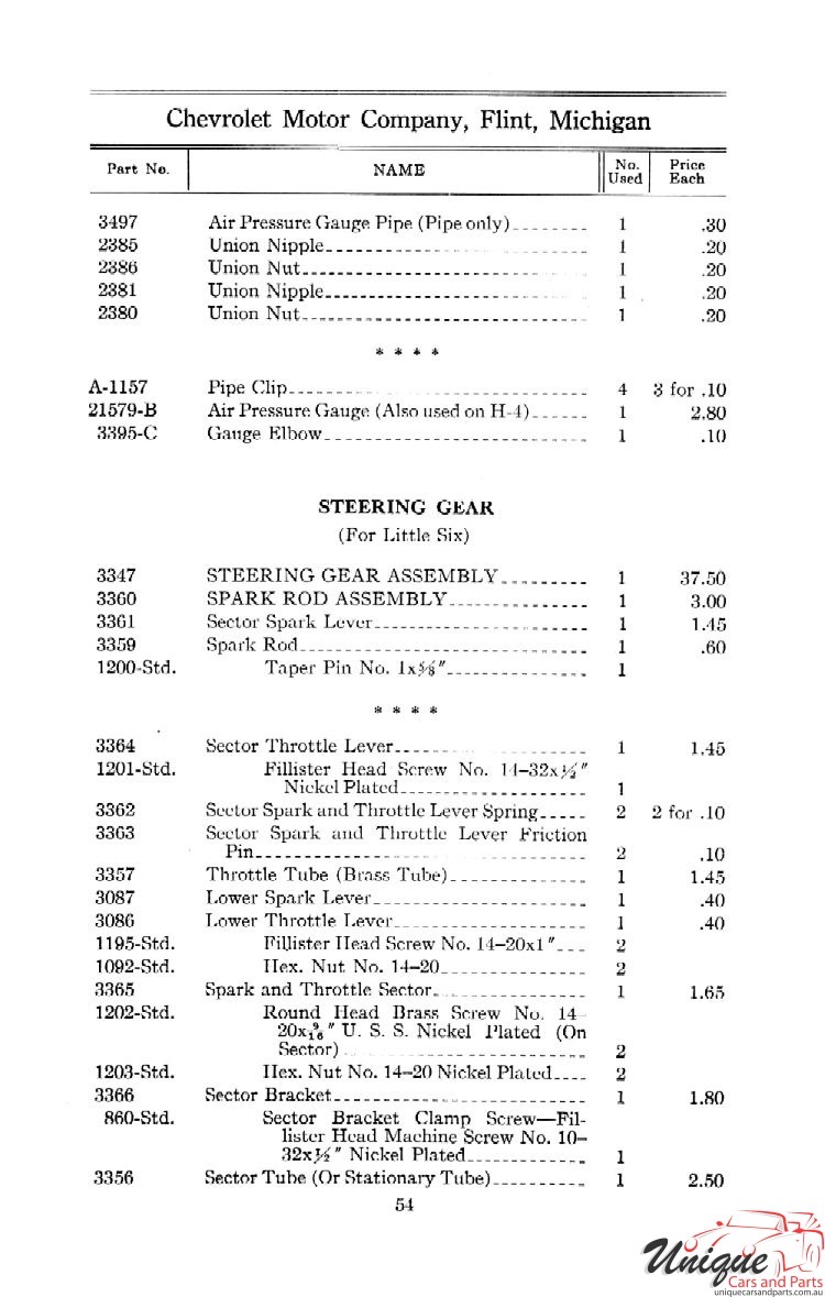 1912 Chevrolet Light and Little Six Parts Price List Page 73